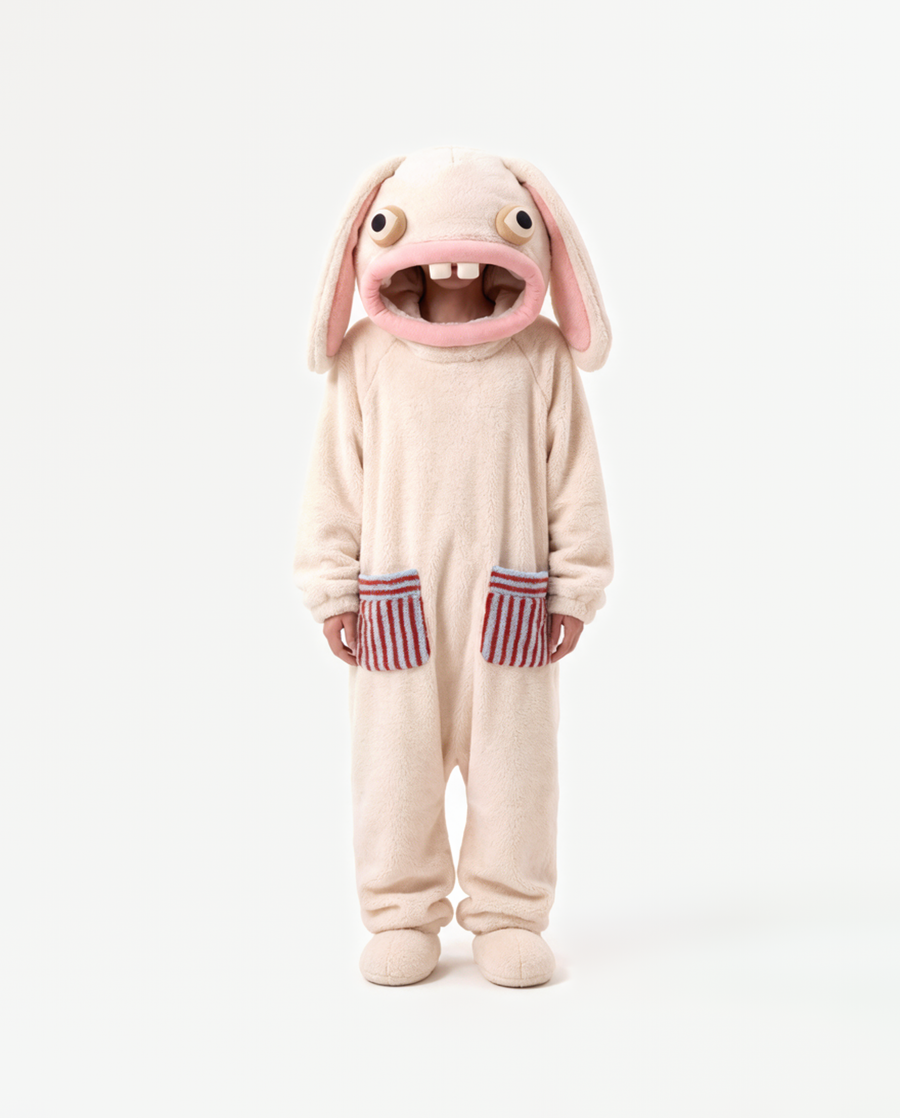 The Bunny Onesie in Marshmallow — oversized coral fleece bunny onesie for adults, front view