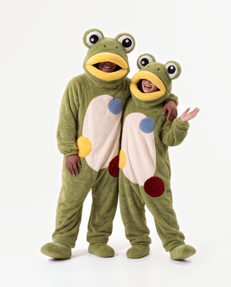 The Frog Onesie worn with a friend — matching frog onesies for couples and groups
