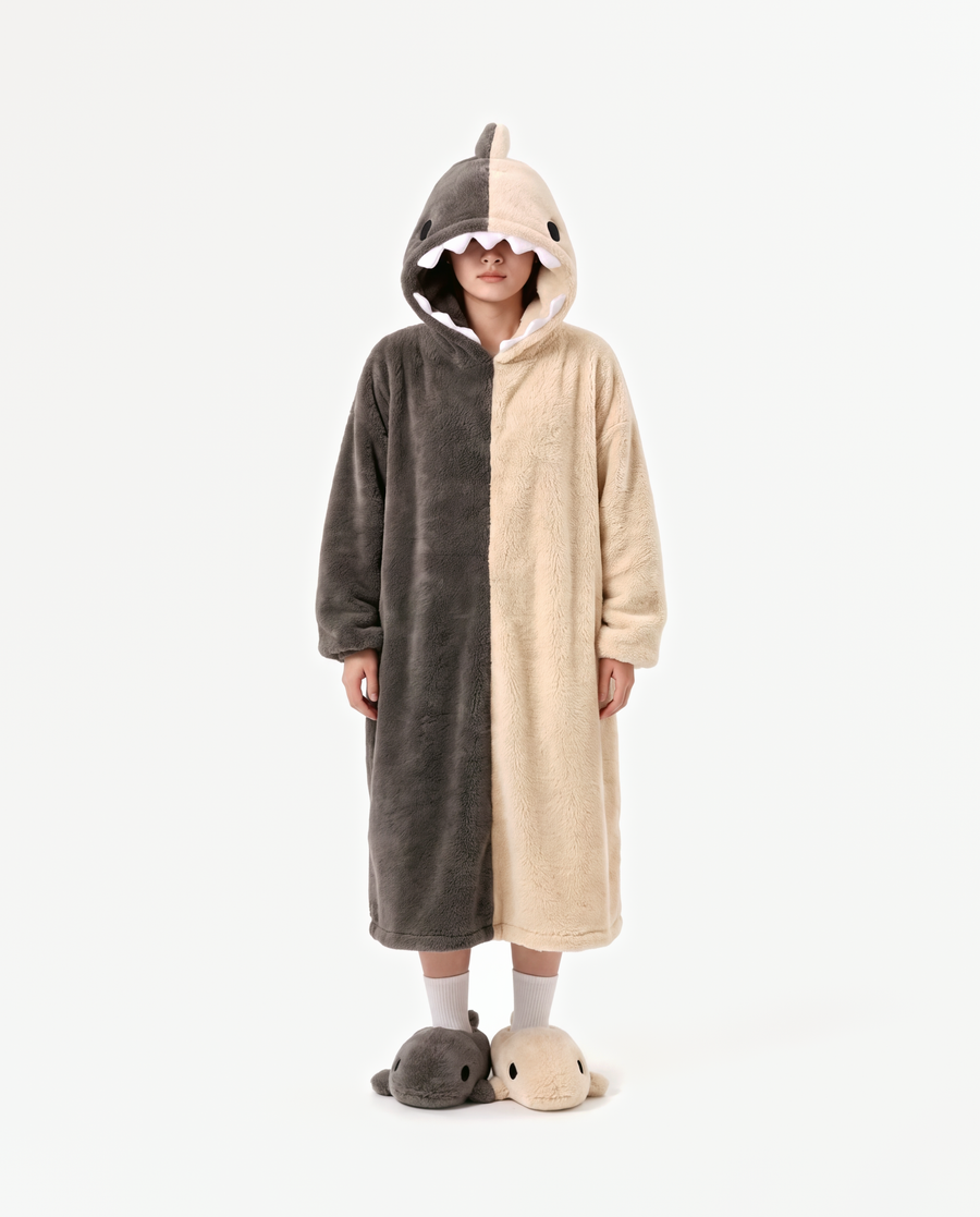 The Shark Onesie — two-tone grey fleece shark onesie for adults, front view