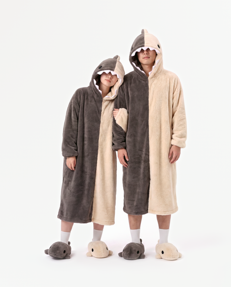 The Shark Onesie worn with a friend — matching shark onesies for couples and groups