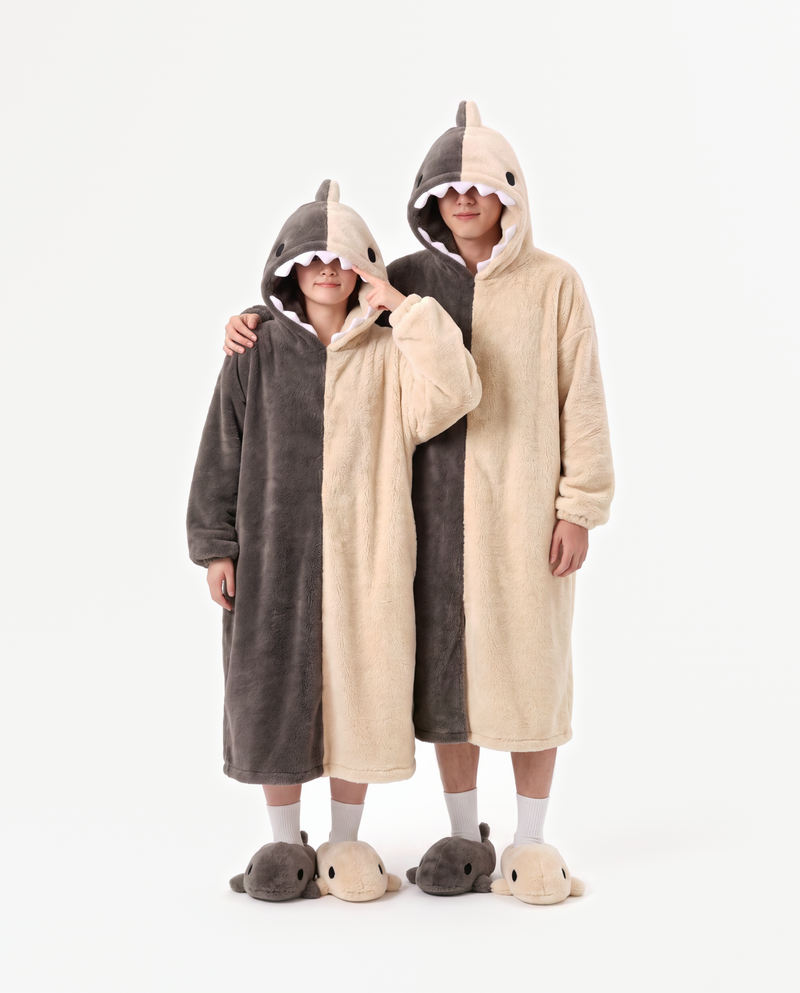 The Shark Onesie worn with a friend — matching shark onesies for couples and groups