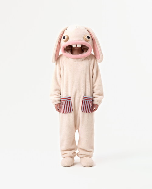 The Bunny Onesie in Marshmallow — oversized coral fleece bunny onesie for adults, front view