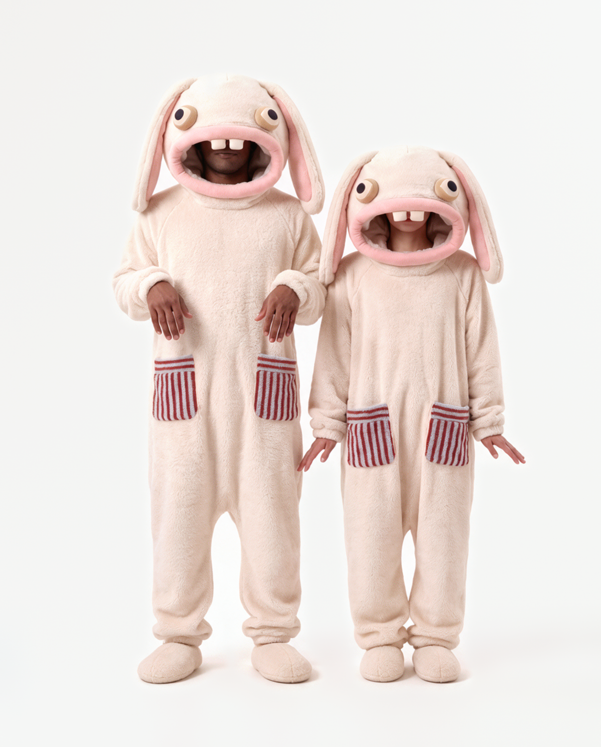 The Bunny Onesie in Marshmallow worn with a friend — matching bunny onesies for couples