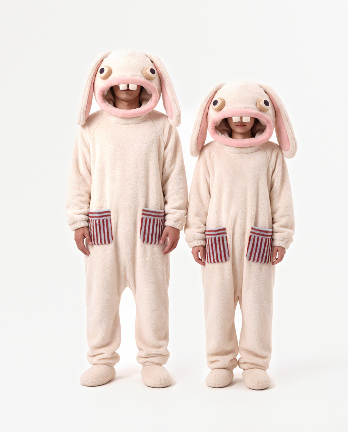 The Bunny Onesie in Marshmallow worn with a friend — matching bunny onesies for couples