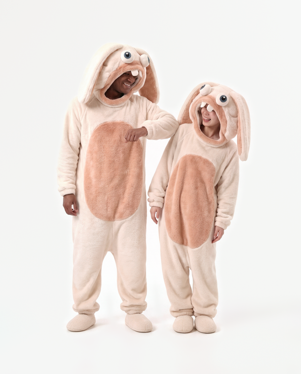 Marshmallow and Peach Fuzz Bunny Onesies together — matching bunny onesie costumes for two