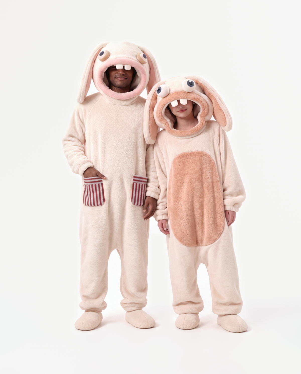 Marshmallow and Peach Fuzz Bunny Onesies together — matching bunny onesie costumes for two