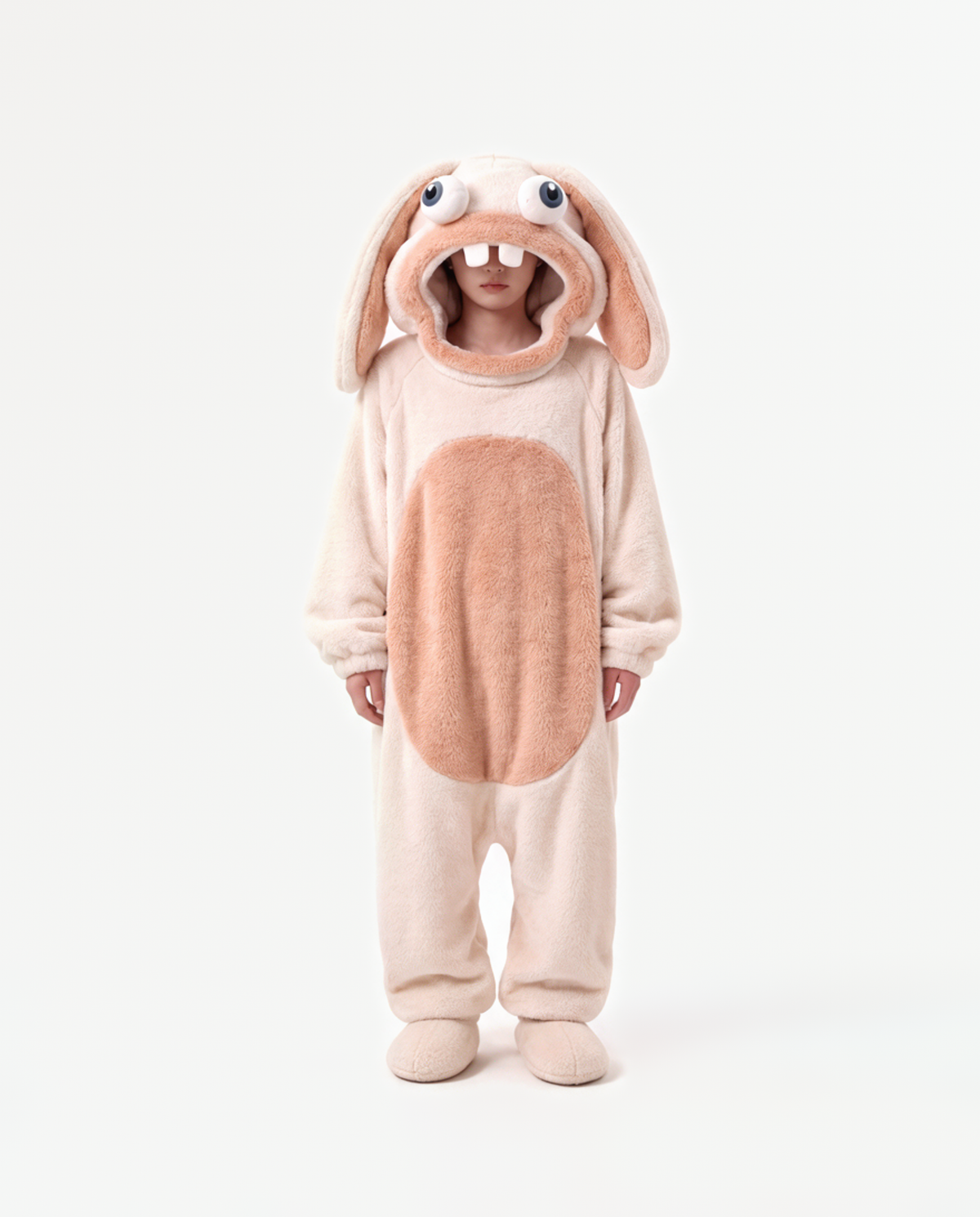The Bunny Onesie in Peach Fuzz — oversized coral fleece bunny onesie for adults, front view