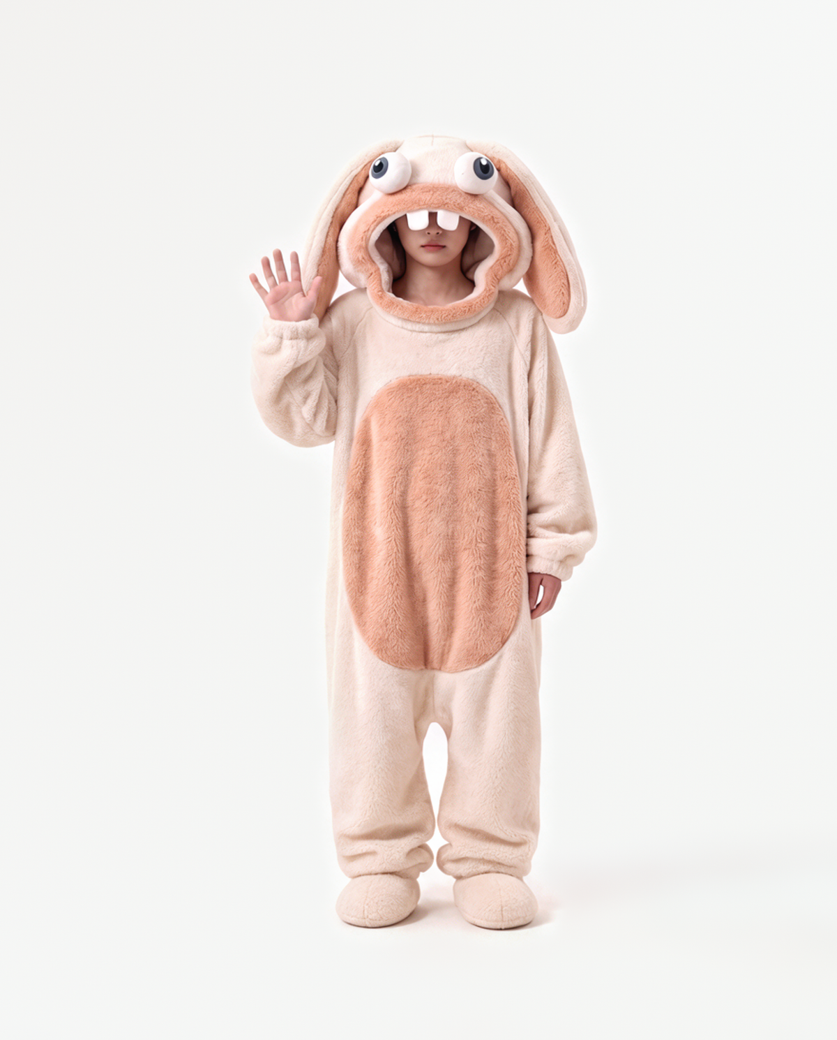 The Bunny Onesie in Peach Fuzz — coral fleece bunny onesie costume for adults