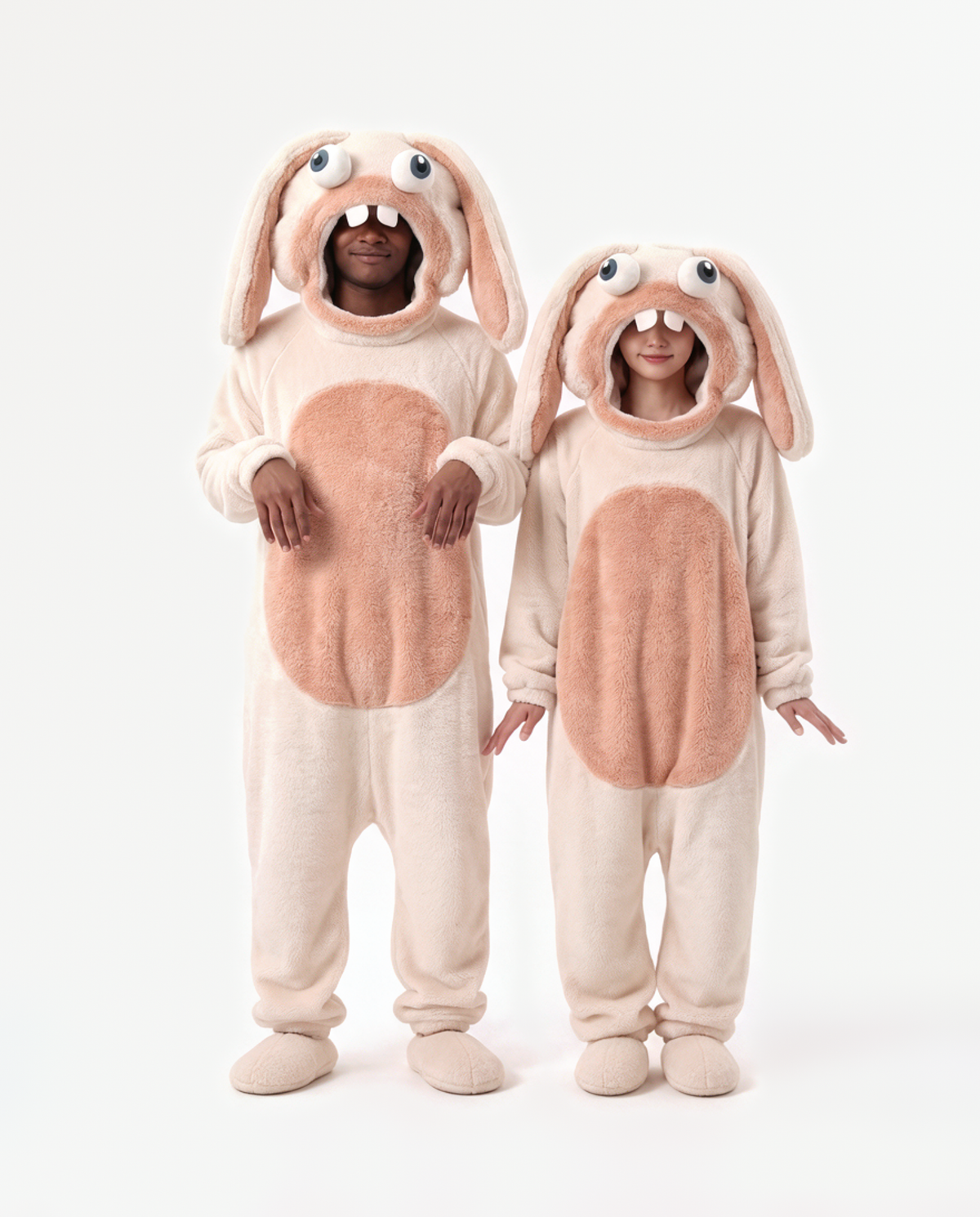 The Bunny Onesie in Peach Fuzz worn with a friend — matching bunny onesies for couples