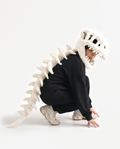 The Dinosaur Skeleton in Bone — plush dinosaur skeleton costume with skull hood and spine, crouching