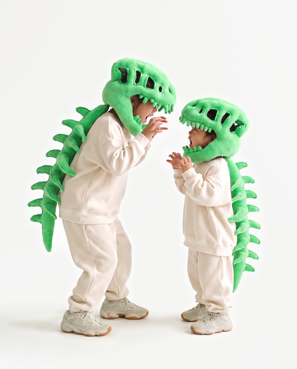 The Dinosaur Skeleton in Green worn with a friend — plush dinosaur skeleton costumes for pairs