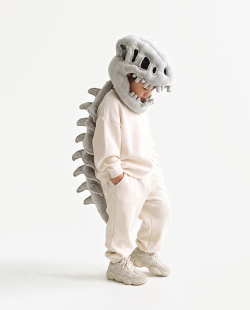 The Dinosaur Skeleton in Grey — plush dinosaur skeleton costume with skull hood and spine, side view