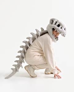 The Dinosaur Skeleton in Grey — plush dinosaur skeleton costume with skull hood and spine, crouching