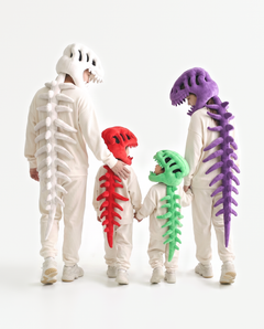Plush Dinosaur Skeleton costumes in all six colors — grey, bone, black, green, red and purple