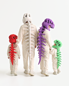 Plush Dinosaur Skeleton costumes in all six colors — grey, bone, black, green, red and purple