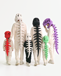 Plush Dinosaur Skeleton costumes in all six colors — grey, bone, black, green, red and purple