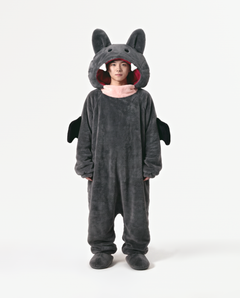 The Fang Onesie in Charcoal — fleece monster onesie with pointed ears and fangs, front view