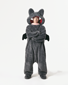 The Fang Onesie in Charcoal — vampire-style fleece monster onesie for adults