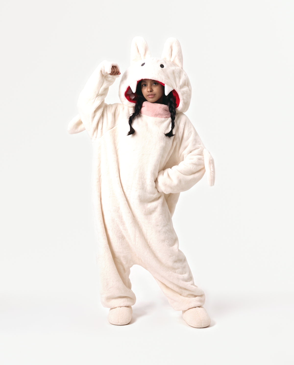 The Fang Onesie in Cream — vampire-style fleece monster onesie for adults