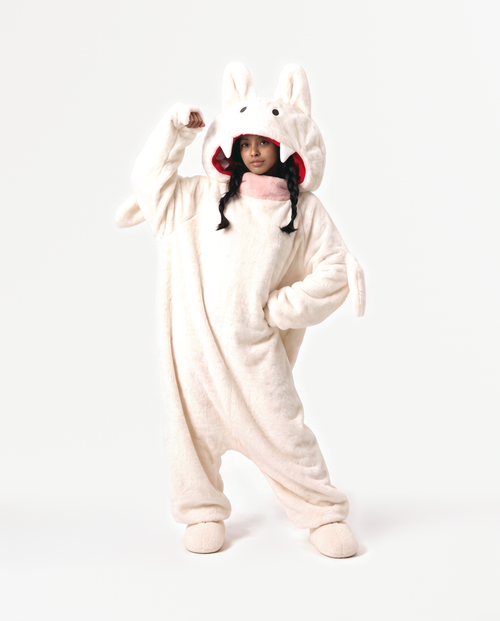 The Fang Onesie in Cream — vampire-style fleece monster onesie for adults