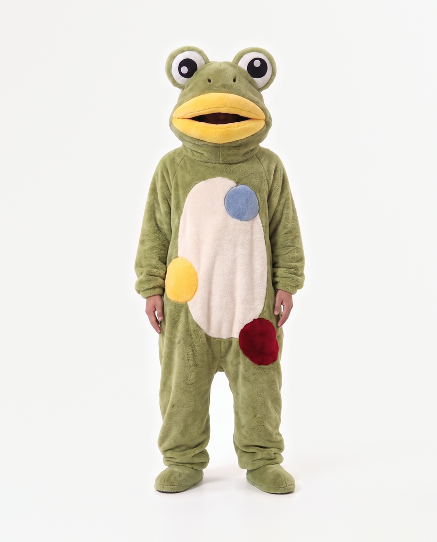 The Frog Onesie — oversized green fleece frog onesie for adults, front view