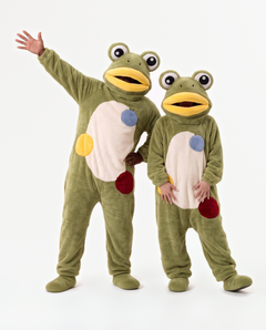 The Frog Onesie worn with a friend — matching frog onesies for couples and groups