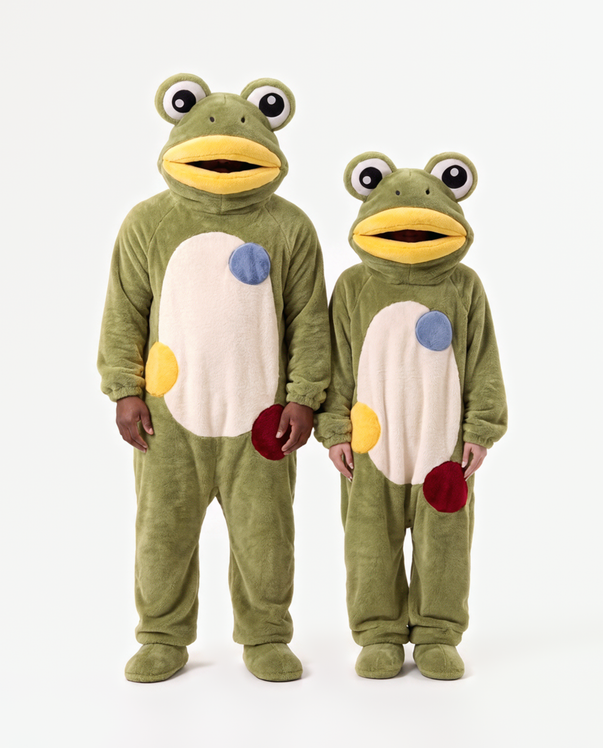 The Frog Onesie worn with a friend — matching frog onesies for couples and groups