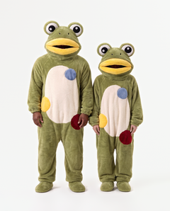 The Frog Onesie worn with a friend — matching frog onesies for couples and groups