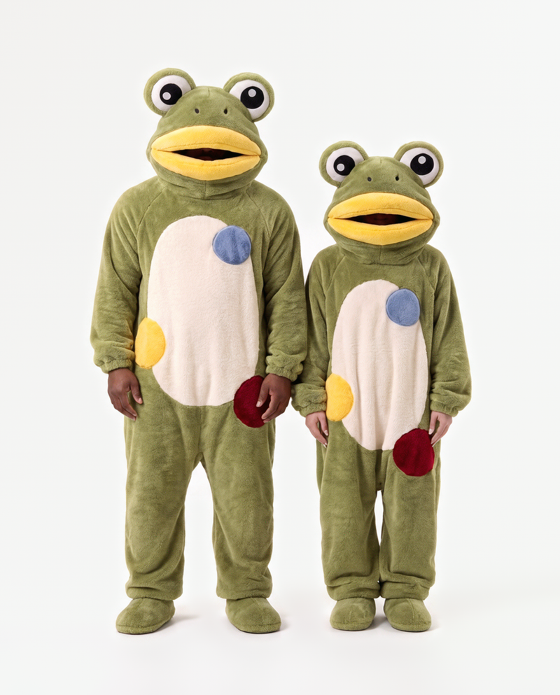 The Frog Onesie worn with a friend — matching frog onesies for couples and groups