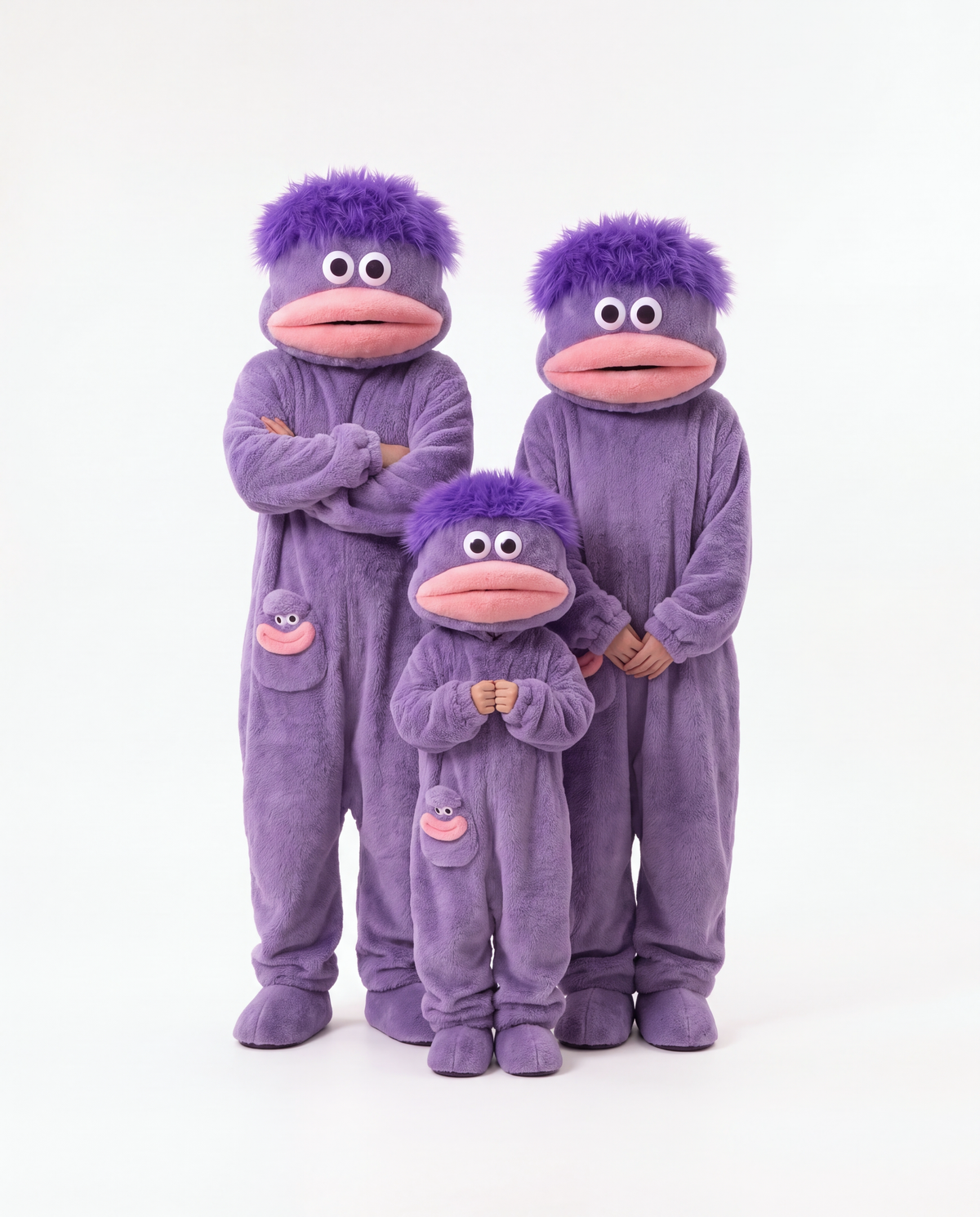 Adult and kids Monster Onesies in Grape Fuzz together — matching family Halloween onesies