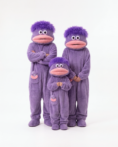 Adult and kids Monster Onesies in Grape Fuzz together — matching family Halloween onesies
