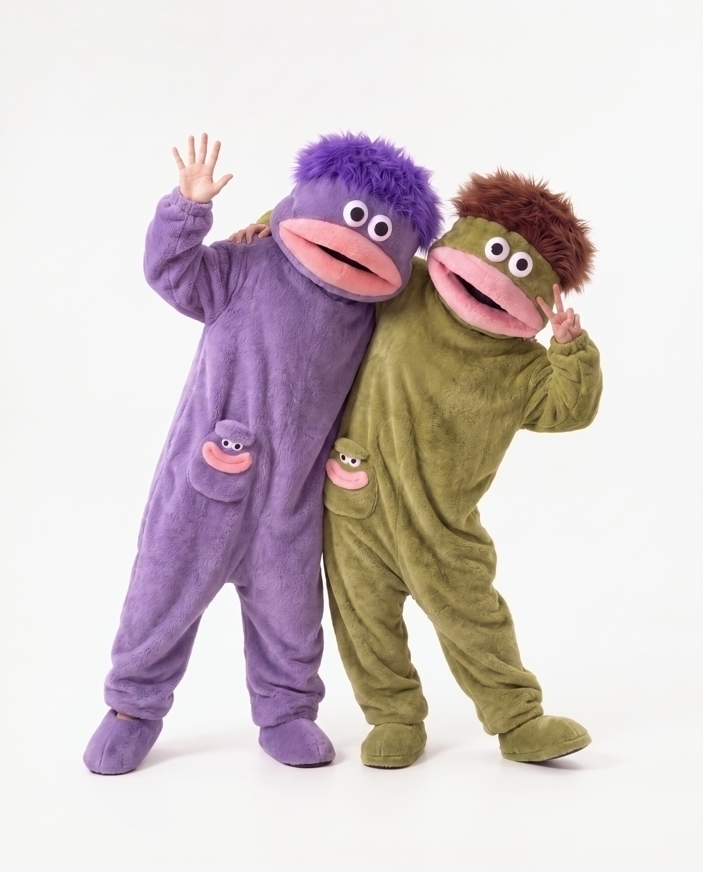 Swamp Green monster onesie with a friend