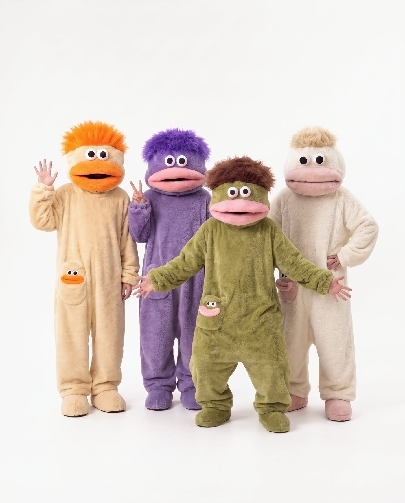 Swamp Green and Butterscotch monster onesies together