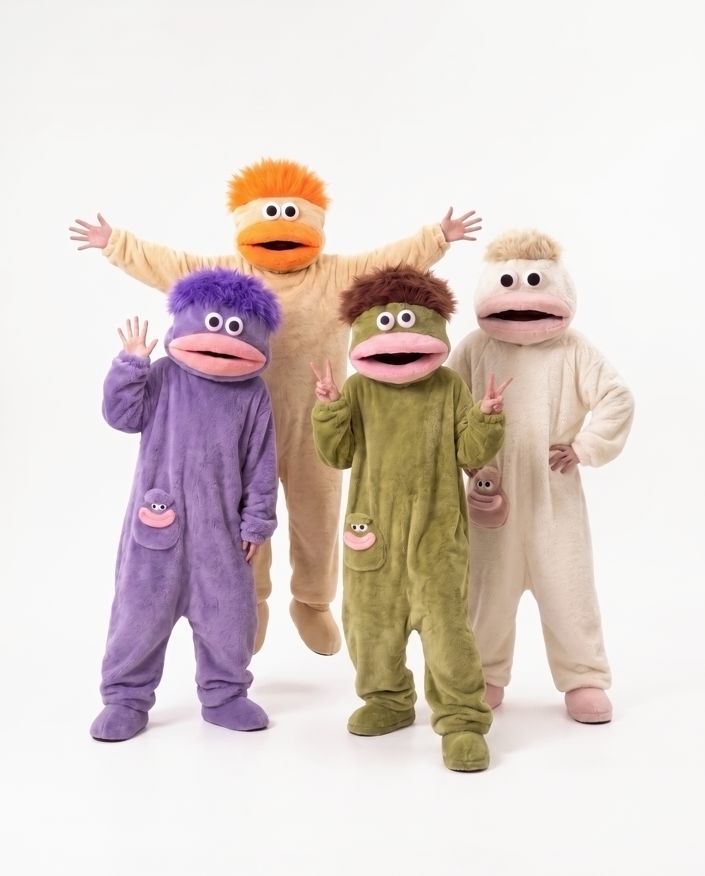 Four monster onesies together