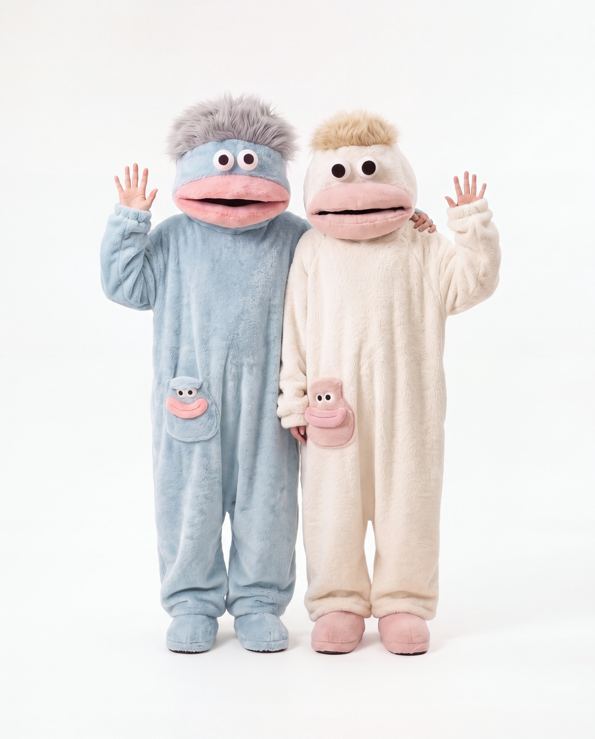 Silver Blue and Coconut Cream Monster Onesies together — matching couples Halloween onesies