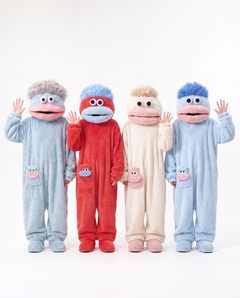 Silver Blue, Cherry, Coconut Cream and Cloud Blue Monster Onesies together — group Halloween onesies for four