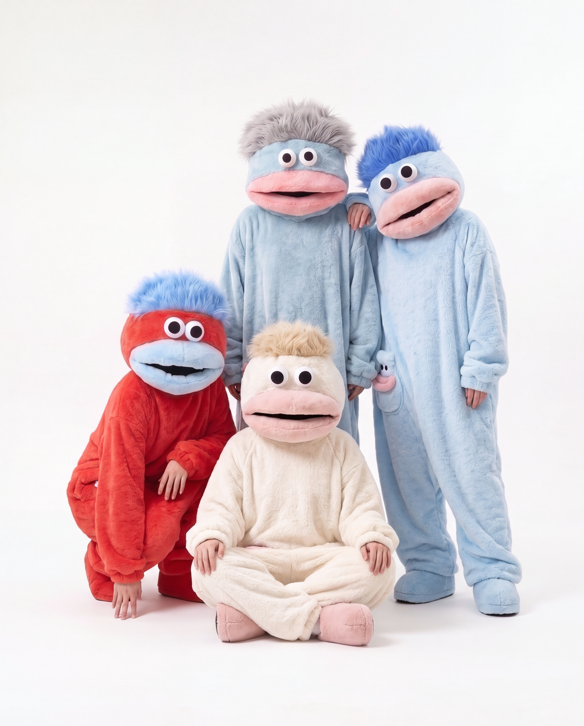 Cherry, Coconut Cream, Silver Blue and Cloud Blue Monster Onesies together — group Halloween onesies for four