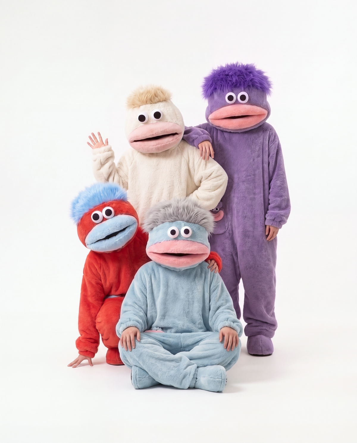 Cherry, Silver Blue, Coconut Cream and Grape Fuzz Monster Onesies together — group Halloween onesies for four