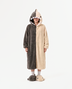 The Shark Onesie — two-tone grey fleece shark onesie for adults, front view