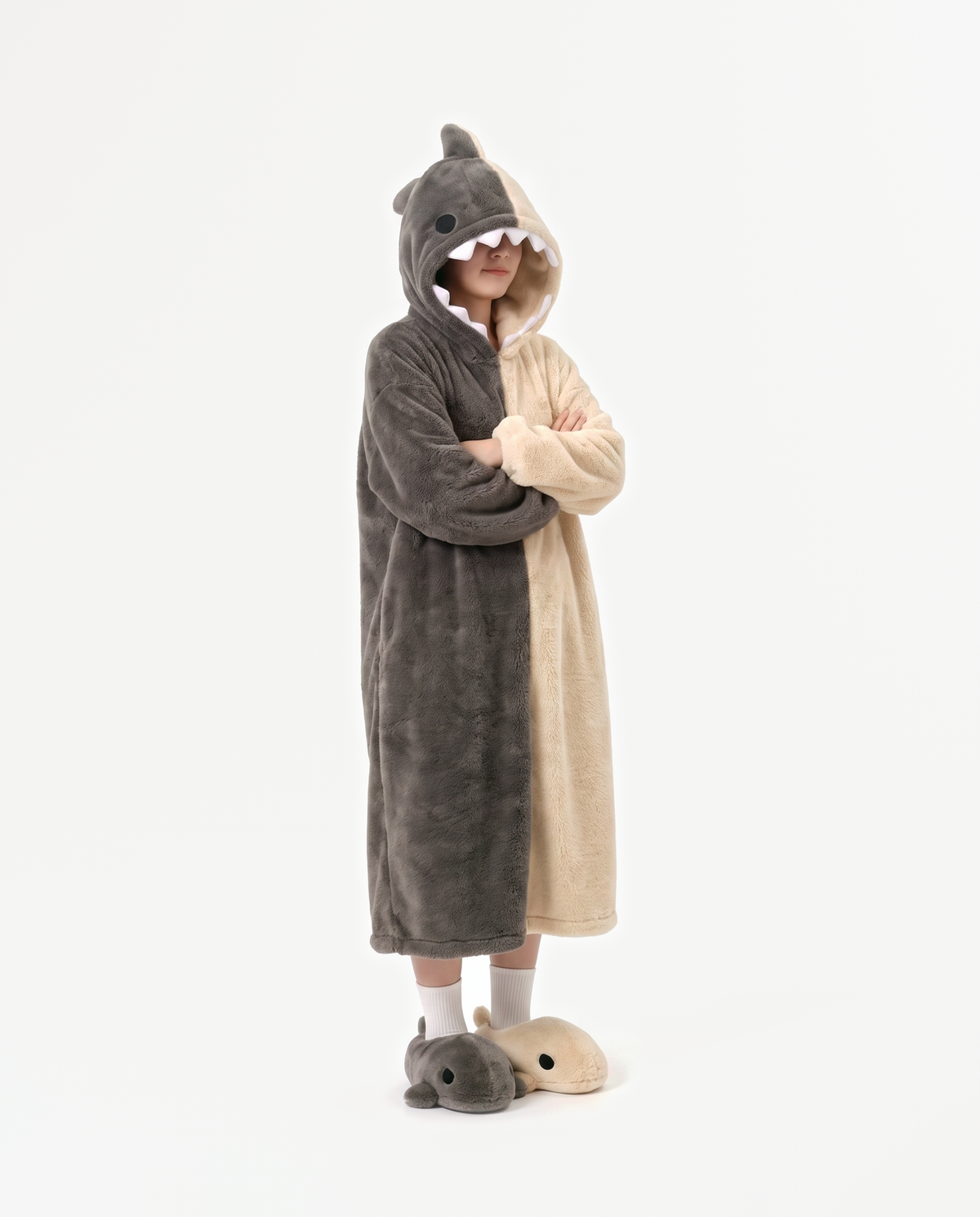 The Shark Onesie — grey and cream fleece shark onesie costume for adults