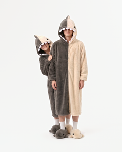 The Shark Onesie worn with a friend — matching shark onesies for couples and groups