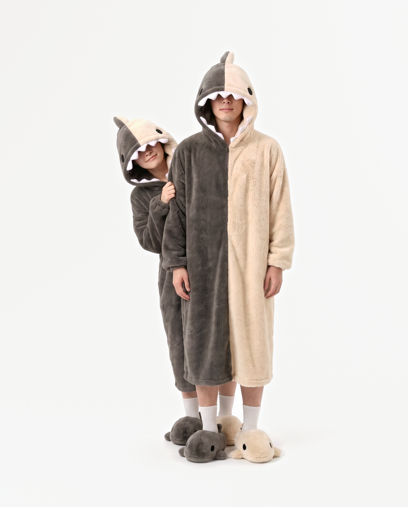 The Shark Onesie worn with a friend — matching shark onesies for couples and groups