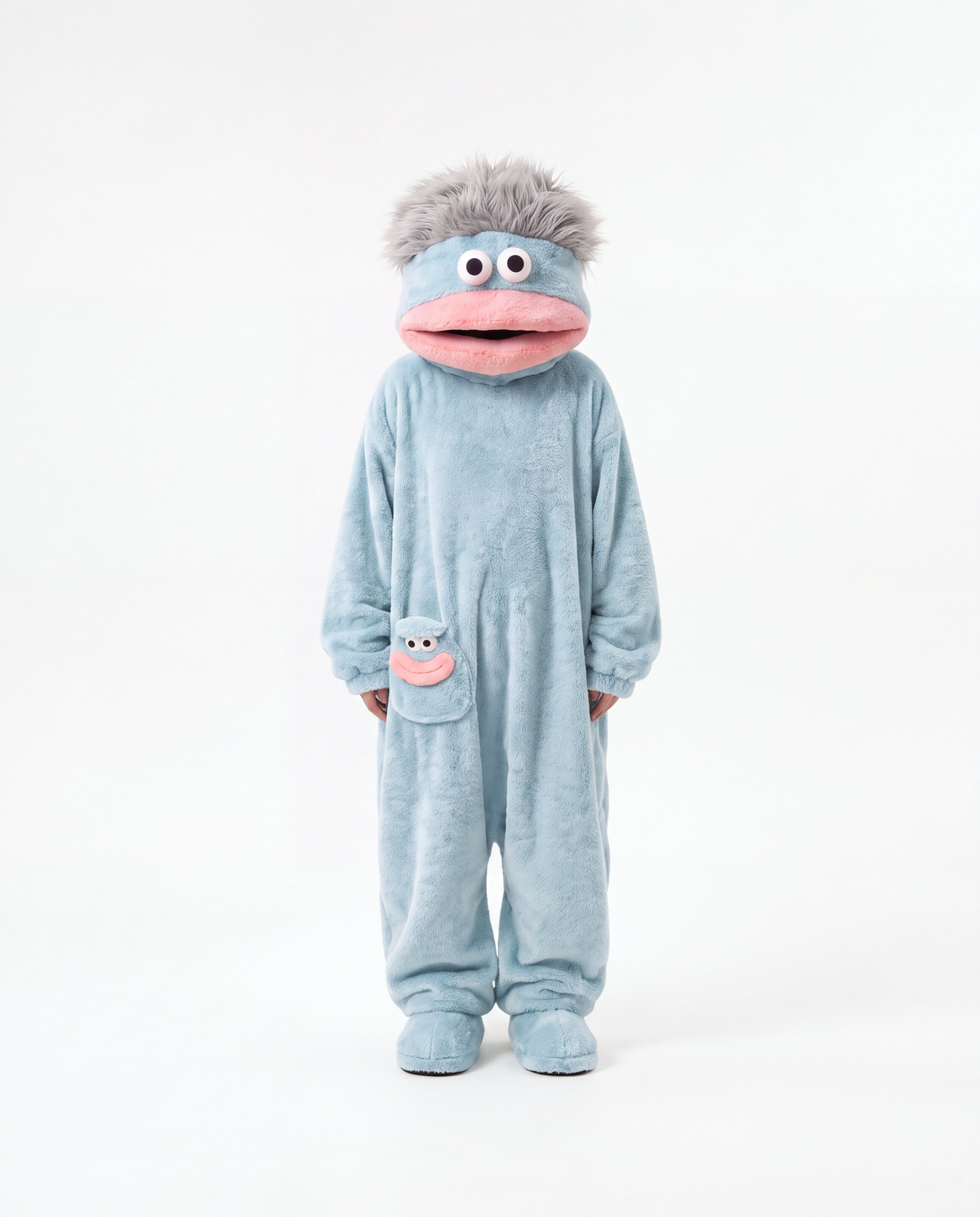 The Monster Onesie in Silver Blue — oversized big mouth fleece monster onesie, front view