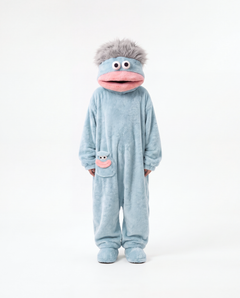 The Monster Onesie in Silver Blue — oversized big mouth fleece monster onesie, front view