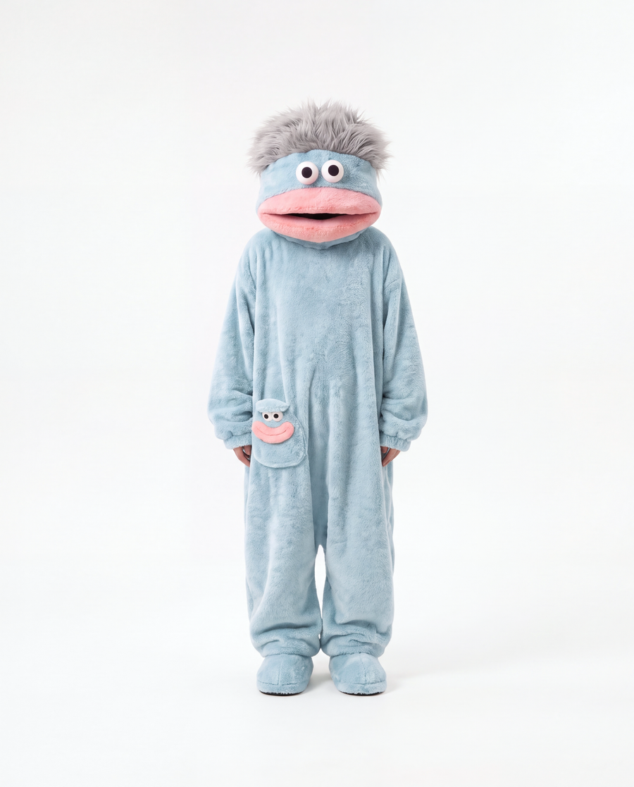 The Monster Onesie in Silver Blue — oversized big mouth fleece monster onesie, front view