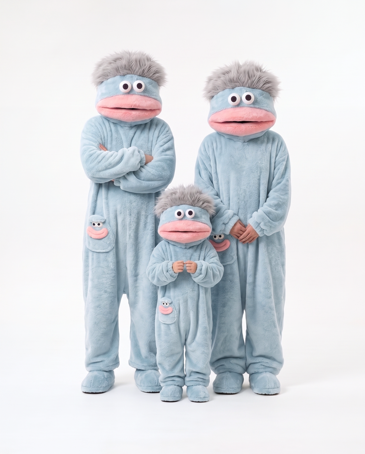 Adult and kids Monster Onesies in Silver Blue together — matching family Halloween onesies