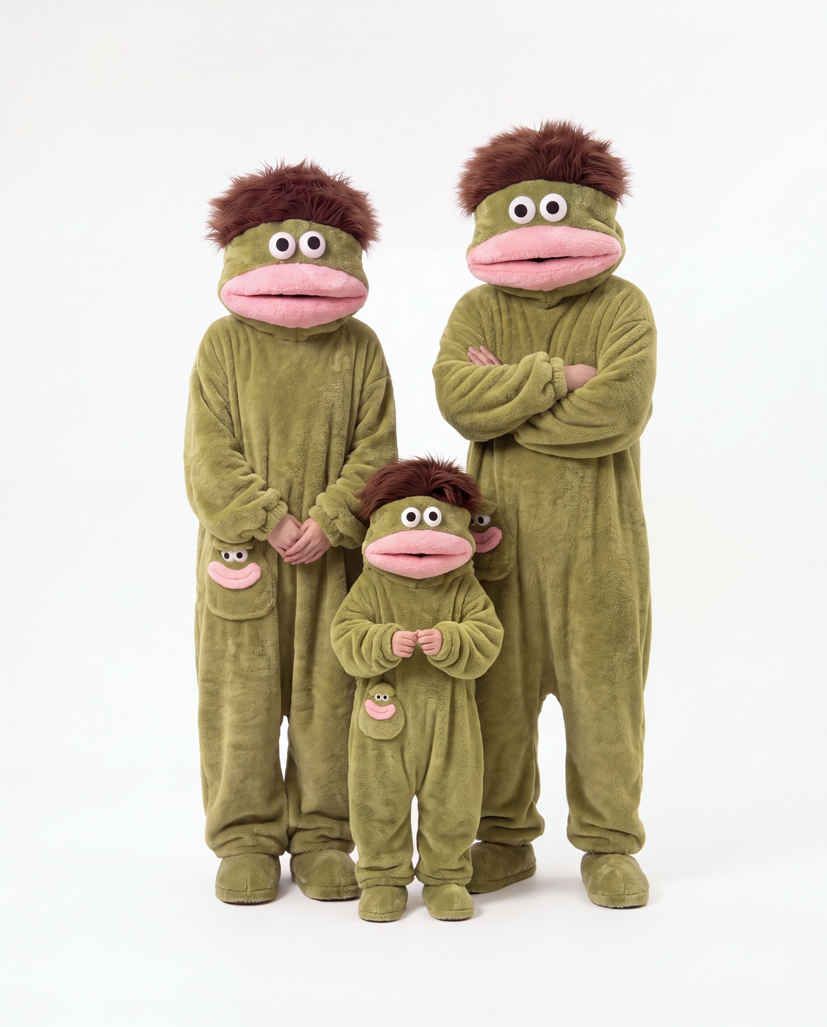 Adult and kids Monster Onesies in Swamp Green together — matching family Halloween onesies