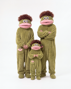 Adult and kids Monster Onesies in Swamp Green together — matching family Halloween onesies